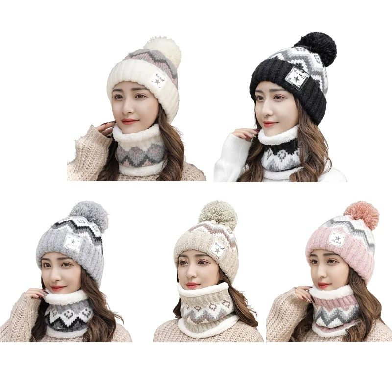 

Women Knit Hat and Scarf Set Color Matching Warm Fashion Pompom Decor Hat Ear Protection Supplies for Outdoor Sports