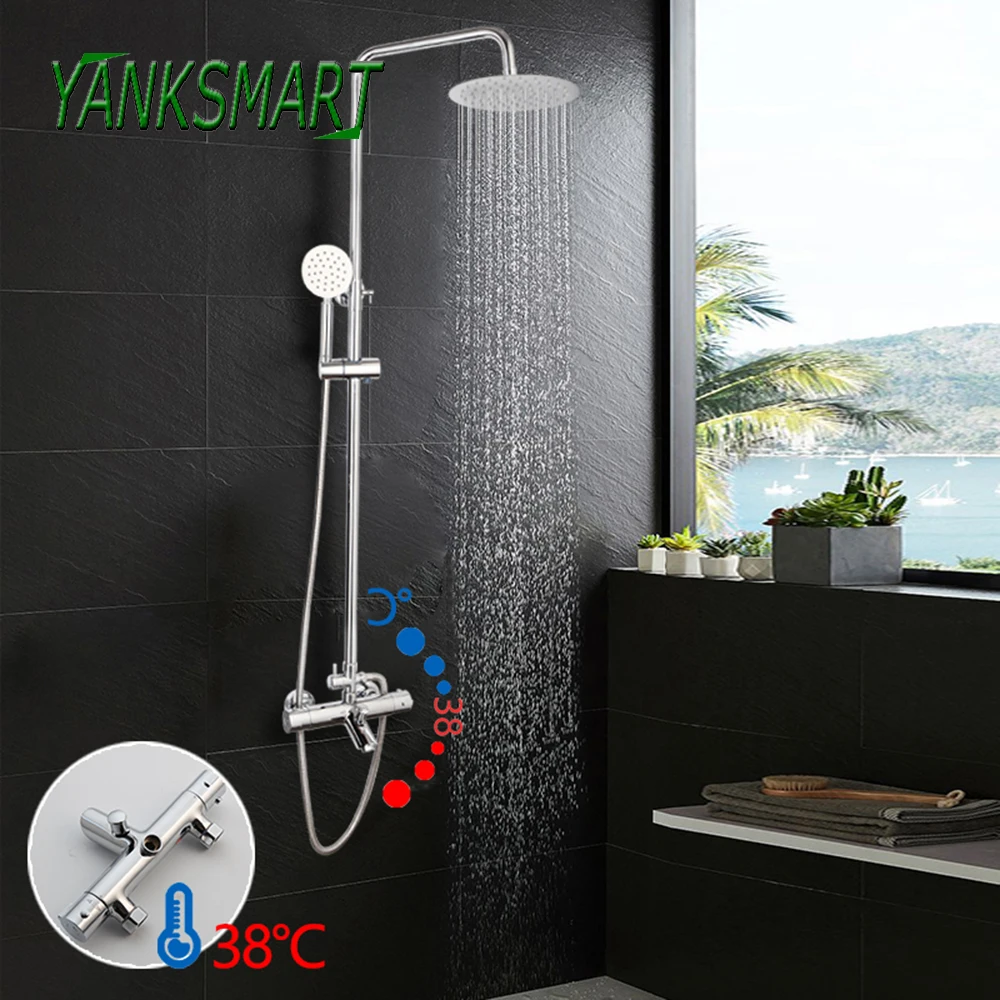 

YANKSMART Thermostatic Bathroom Shower Faucet Set Hot And Cold Chrome Polished Shower Faucets Bathtub Wall Mounted Shower Mixer