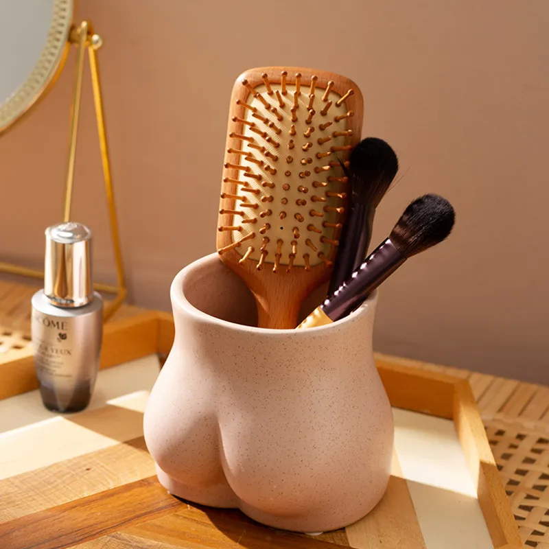 Creative pink ass chest makeup brush storage bucket pen holder human body decoration desktop dried flower vase home decoration