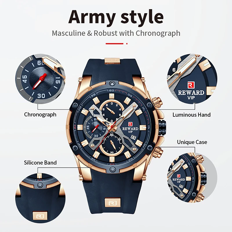 2021 New REWARD Mens Watches Blue Waterproof Top Brand Luxury Chronograph Sport Watch Quartz Men Wristwatch Relogio Masculino