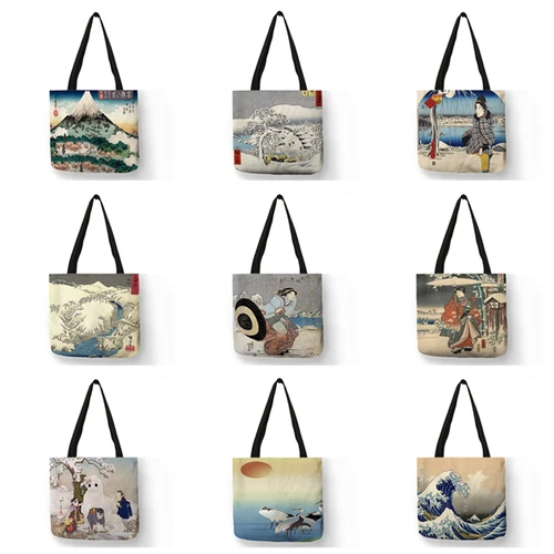 Bolso de mano japonés Ukiyoe Wave Mount Fuji con ilustraciones, bolso de hombro informal a la moda para viajes, bolsas de compras reutilizables grandes para mujer