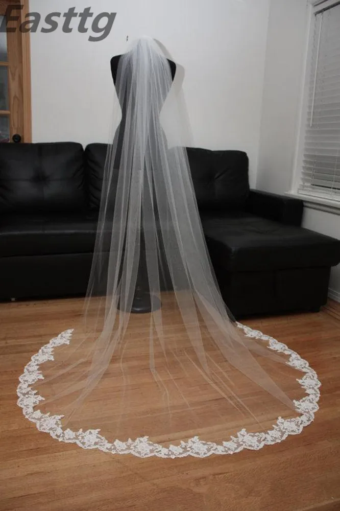 Véu de noiva branco/marfim, 2m, 3m, 4m, acessórios para casamento, longo com pente, renda, mantilla, igreja, foto real