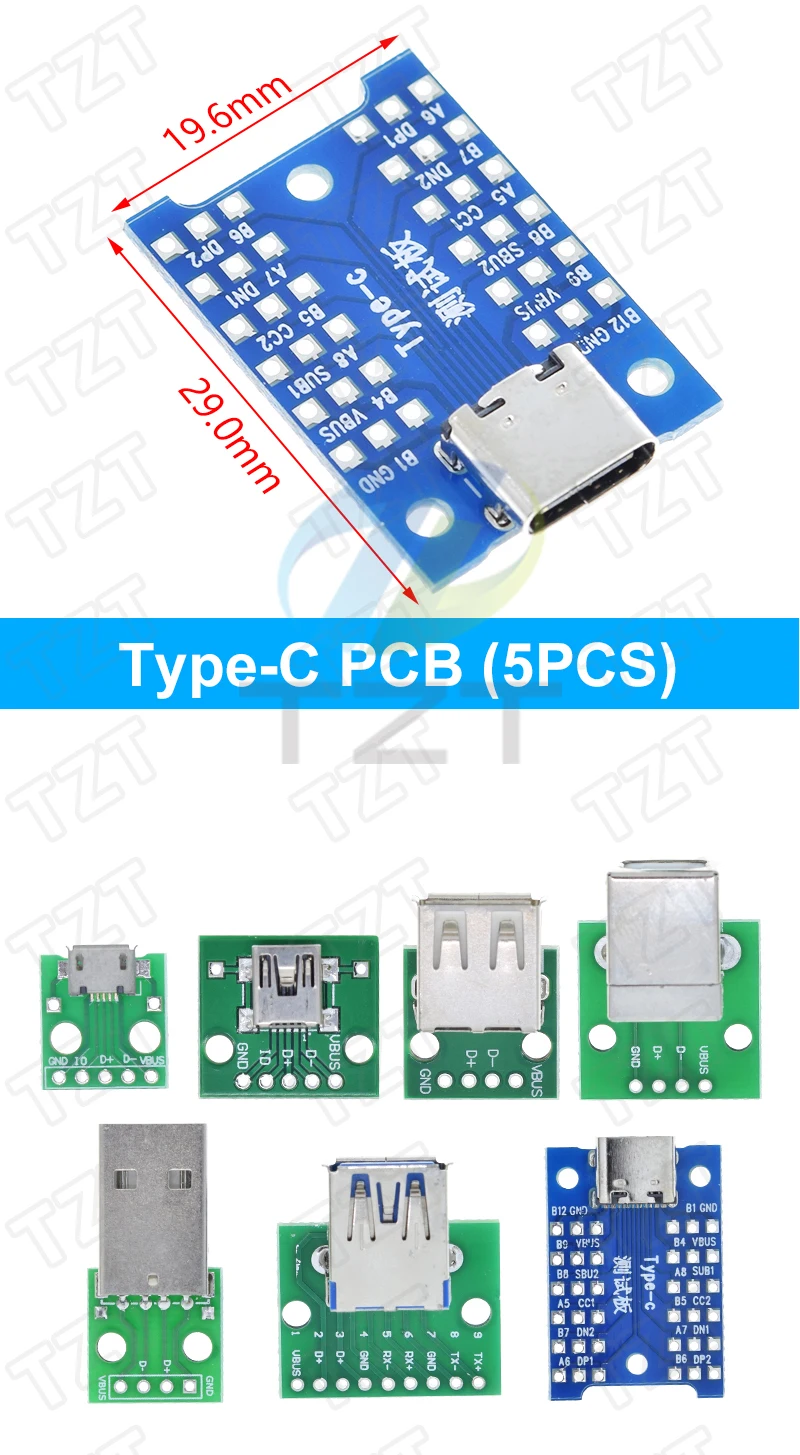 TZT USB-Stecker / MINI MICRO USB auf DIP-Adapter, Buchse 2,54 Stecker B Typ-C USB2.0 3.0 Buchse Konverter – Detail 5