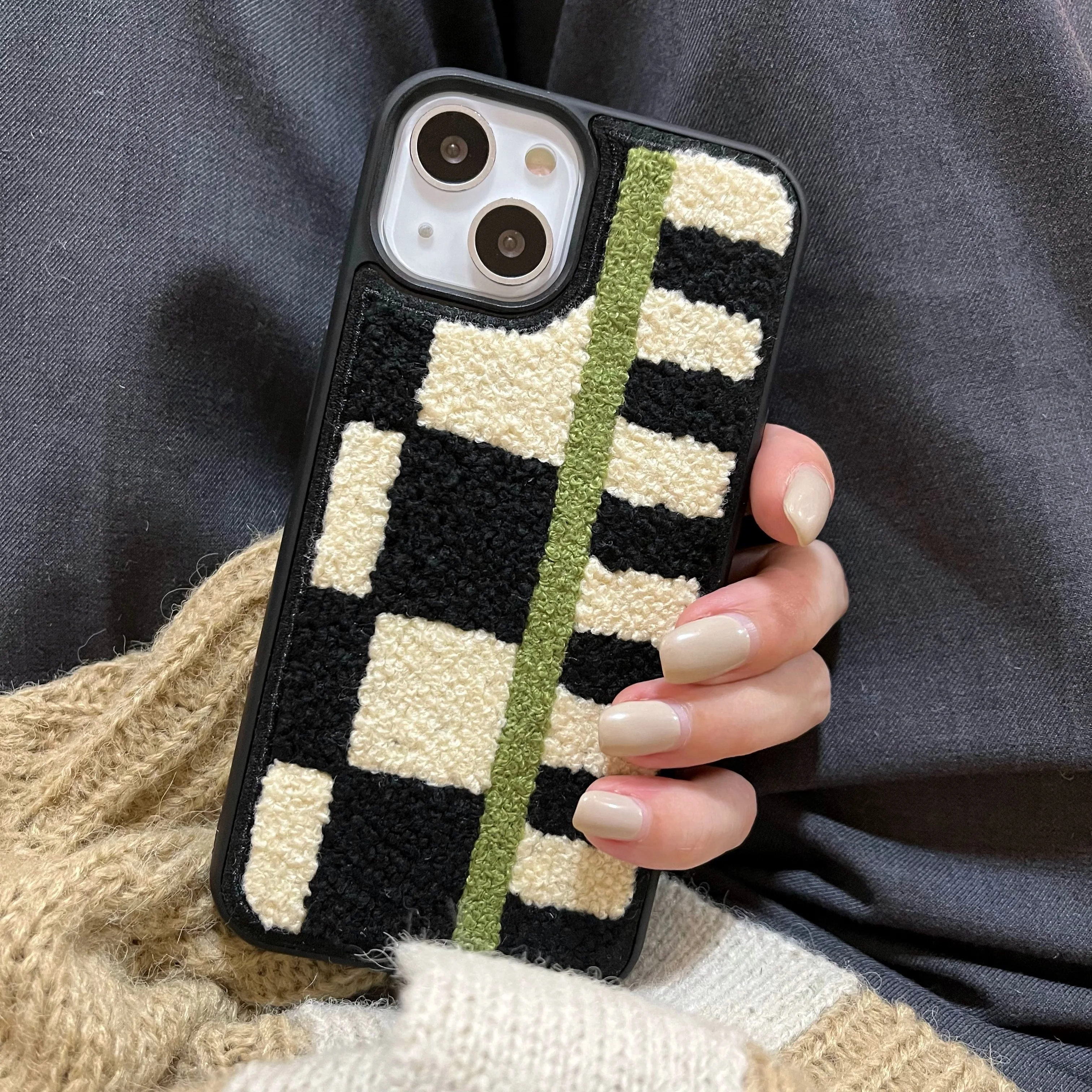 Autumn Fashion Towel Cloth Checkerboard Case For iPhone 15 14 11 12 13 Pro Max X XR Back Cover Capa Coque