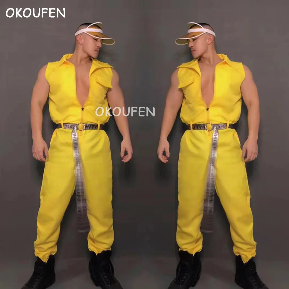 Bar nightclub men's sexy ds yellow one-piece overalls costume theme party show dance wear