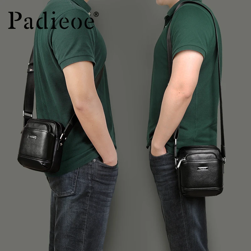 Padieoe genuine leather shoulder bag for man small high quality men crossbody bag black cow leather mini messenger bag man