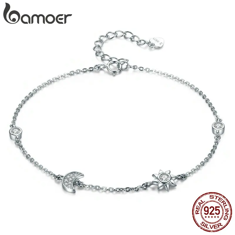 BAMOER Genuine 100% 925 Sterling Silver Lobster Clasp Star And Moon Clear CZ Bracelet & Bangles for Women Silver Jewelry SCB081