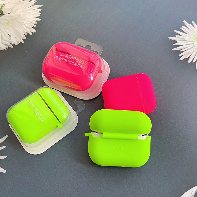 Funda fluorescente de neón para Airpods 3 Pro 2, carcasa suave de silicona líquida con gancho