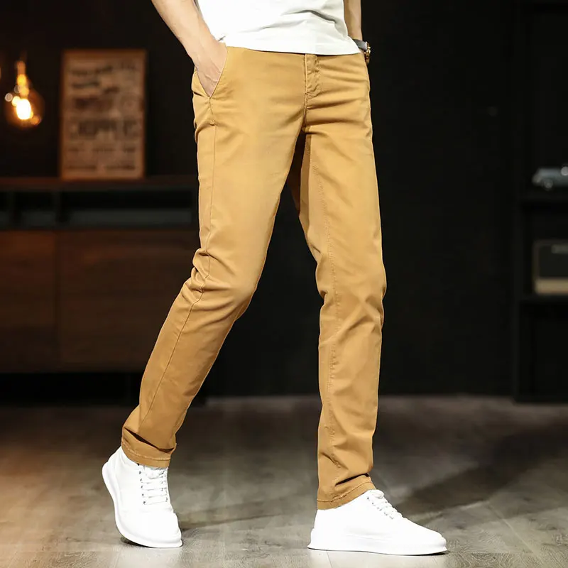 2020 New Men's Pants Cotton Youth Fashion Casual Outdoor Comfortable Slim Elasticity Straight Solid Color Black Trousers