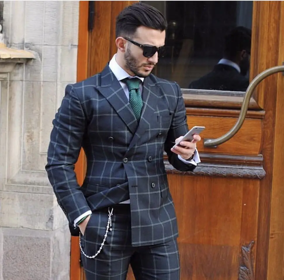 

Tailor Made Plaid Double Breasted Costume Slim Fit Tuxedo Wedding Groom Party Prom Terno Masculino Blazer 2 Pieces Jacket+Pant