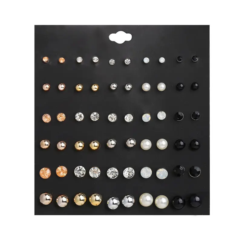 30 Pairs/set Classic Women\'s Round Ball Metal Pearl Earrings For Women Girl Gifts Crystal Stud Earring Sets Mix Jewelry