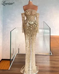 Heavy Beading Crystals Arabic Gold Sequined Evening Dress Off The Shoulder Prom Party Women Gowns Long Celebrity Dresses 2021