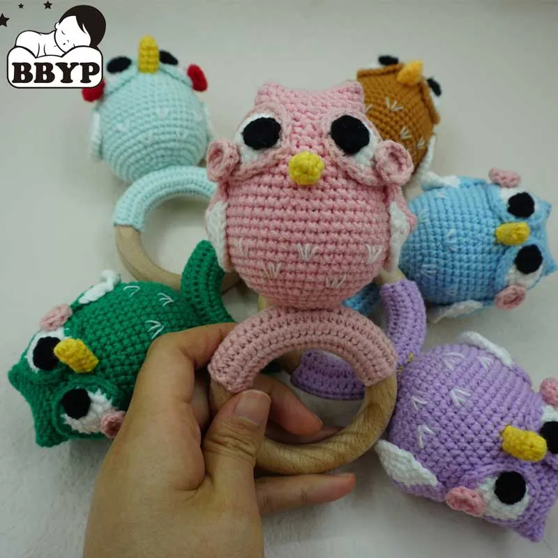 Crochet Baby Teether kawaii Cartoon Animal Owl Newborn Rattle Toys Wooden Ring Baby Molar Teething Teether Educational Toy