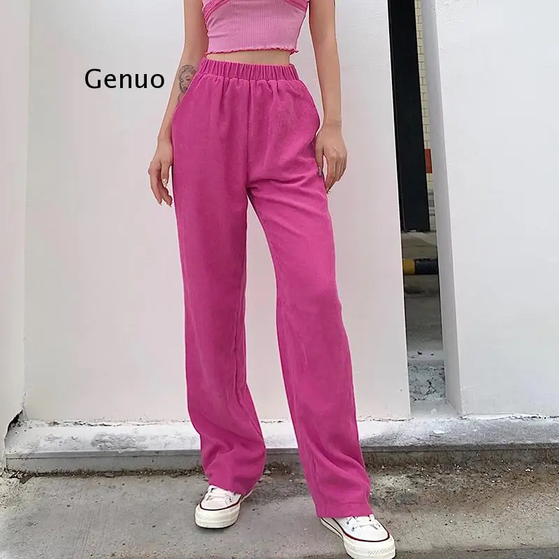 

Casual Rose Red Straight Corduroy Pants Women Streetwear Solid Loose Trousers Autumn Winter High Waist Pants Bottoms