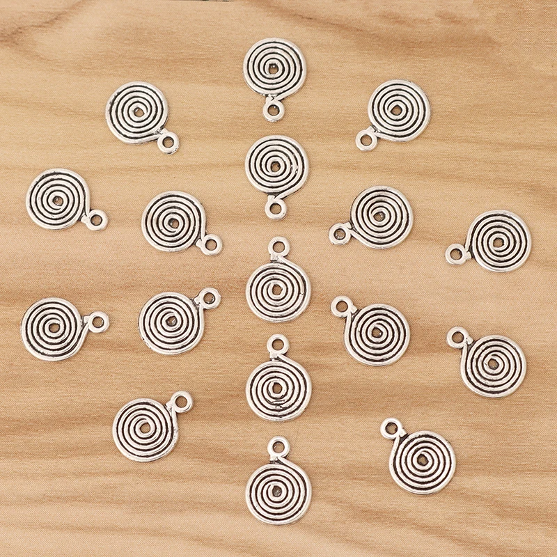 100 Pieces Tibetan Silver Spiral Swirl Vortex Round Charms Pendants Beads for DIY Bracelet Jewellery Making Findings 13x10mm