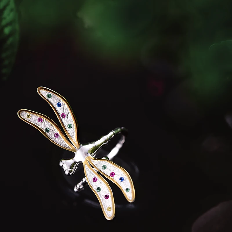 Lotus Fun Real 925 Sterling Silver Handmade Fine Jewelry Multicolor Zirconia Beautiful Dragonfly Design Rings For Women