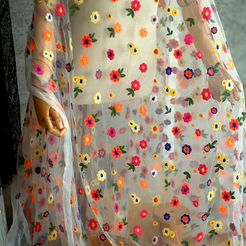 high density fine mesh gauze lace flower embroidery fabric DIY skirt clothing curtain table cloth fabric