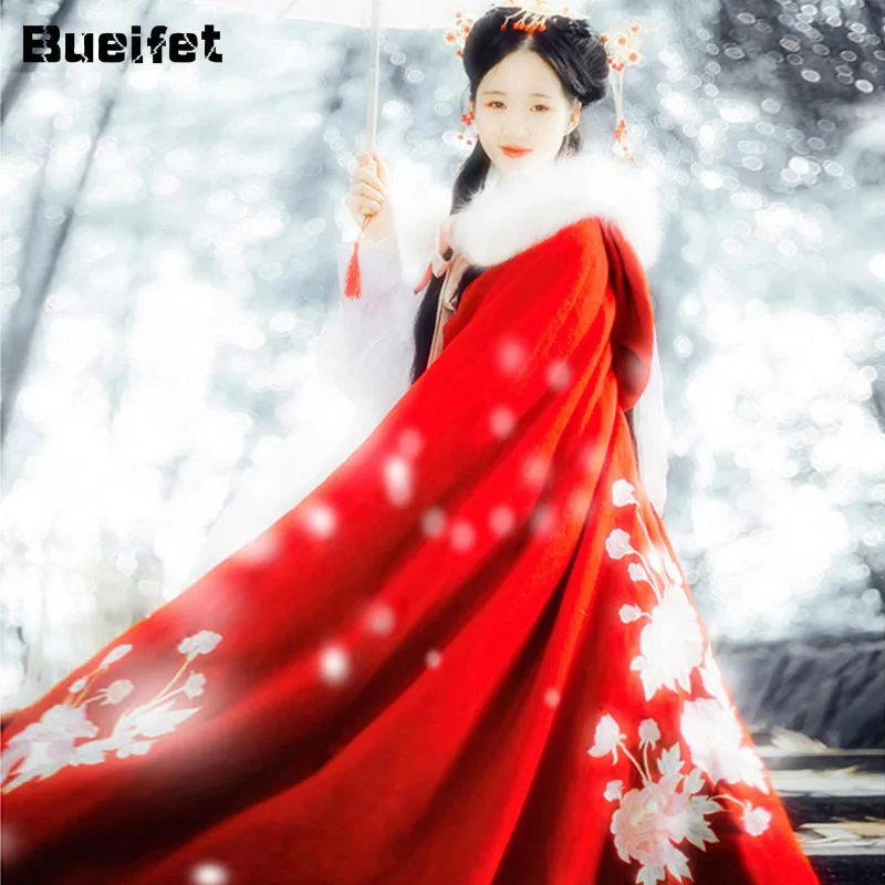 Traditional Ancient Hanfu Cloak Tang Suit Princess Thickness Overcoat Hooded Han Dynasty Embroidery Warm Coat Oriental Cloak