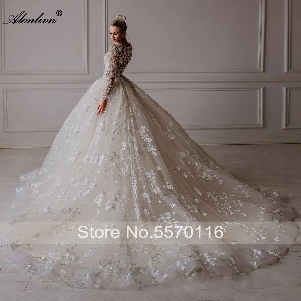 Alonlivn-Robe de mariée perlée personnalisée, robe de Rhperlée, élégante robe à col rond, appliques florales, manches longues, patients, quelle que soit la robe de mariée