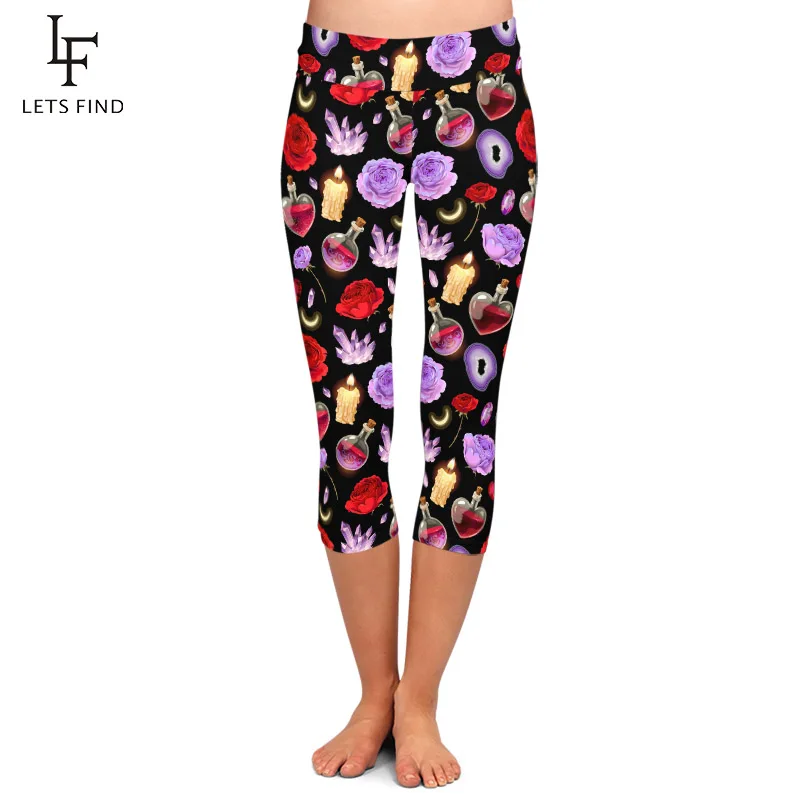 LETSFIND Summer High Waist Fitness Slim Capri Leggings Fashion Magic Glass Flask and Candle Print Women Balck Leggings