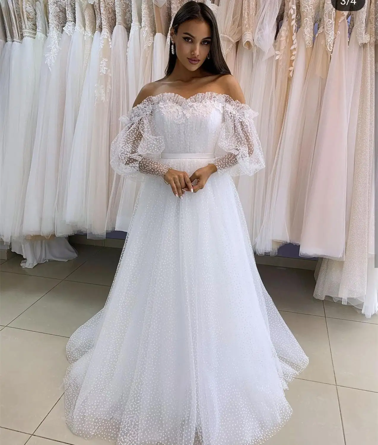 Vestido de casamento fora do ombro a linha manga longa tribunal ponto trem net deslumbrante vestidos de noiva robe de mariee feito sob encomenda tamanho feminino