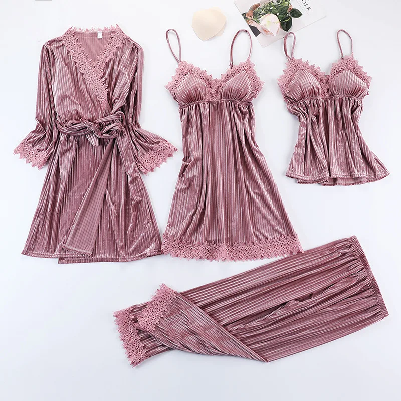 Burgundy Velour Pajama Suit Women 4PCS Kimono Robe Nightgown Set Sleepwear Lady Winter Warm Striped Gold Velvet Bathrobe Gown