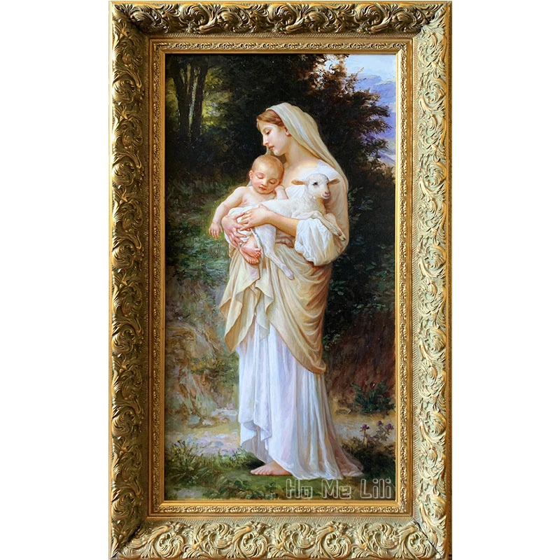 Mary With Jesus Baby And Sheep Oil Painting On Canvas Innocence Virgin Wall Art Classic Painting Christ Icon Home Decor