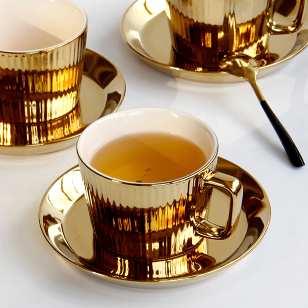 250ml Gold Plated Saucer Set Ceramic Tea Coffee European Style Espresso Office Tumbler Cup Picnic Birthday Wed Anniversary Gift