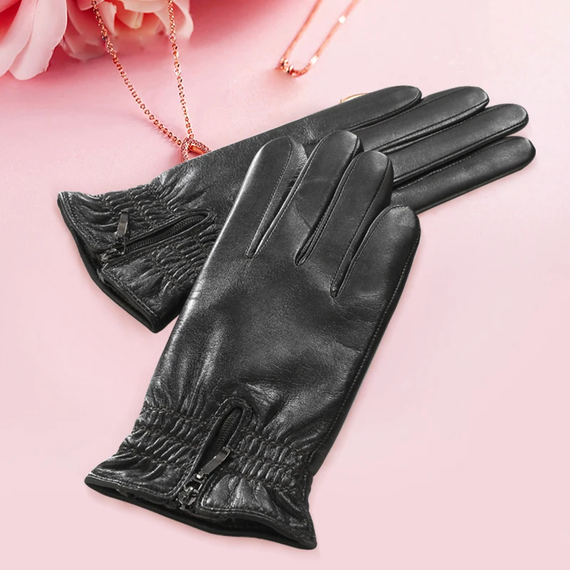 Real Leather Gloves Female Fashion Black Zipper Driving High Quality Sheepskin Women Gloves Keep Warm 5711