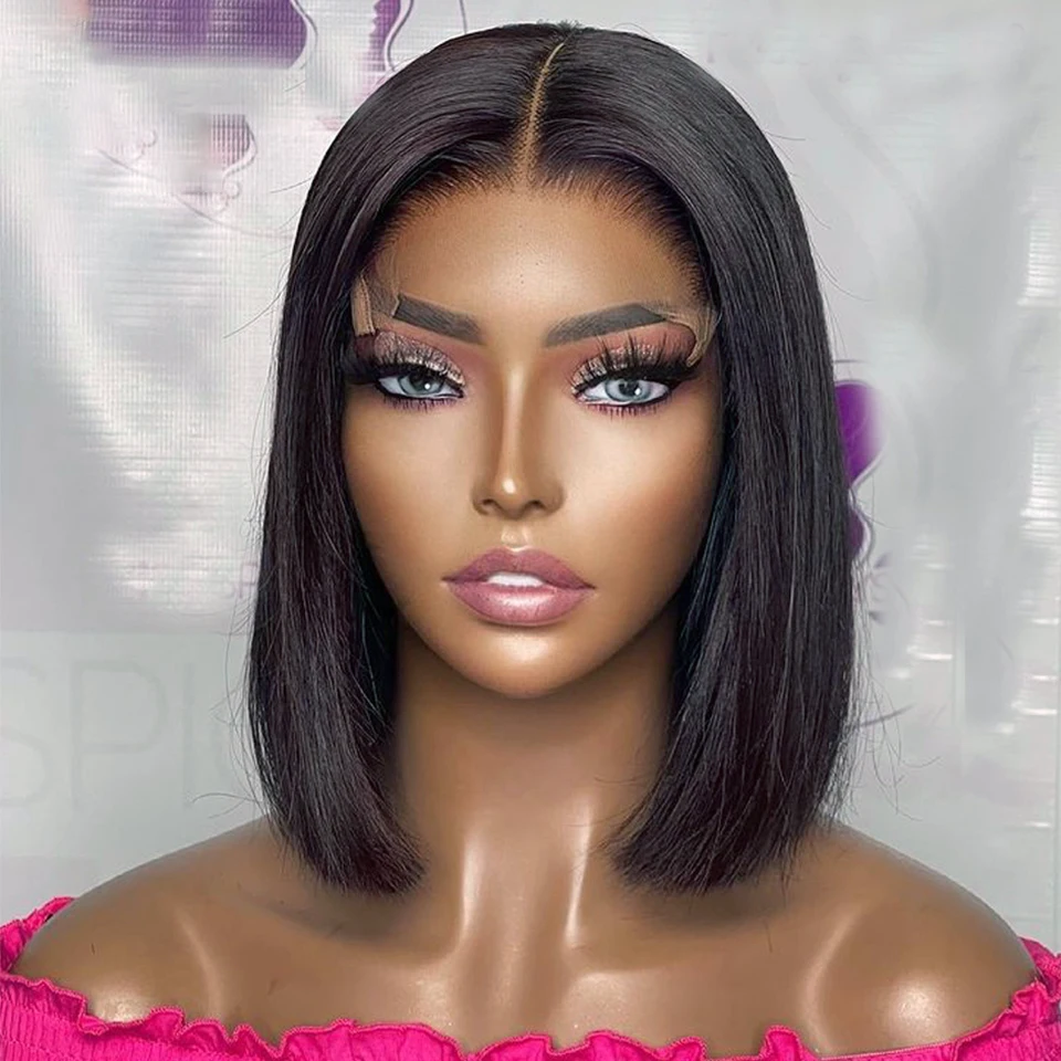 

Middle Part Soft Black Silky Straight Preplucked 14Inch Short Cut Bob Lace Front Wig For Black Women Synthetic BabyHair Glueless