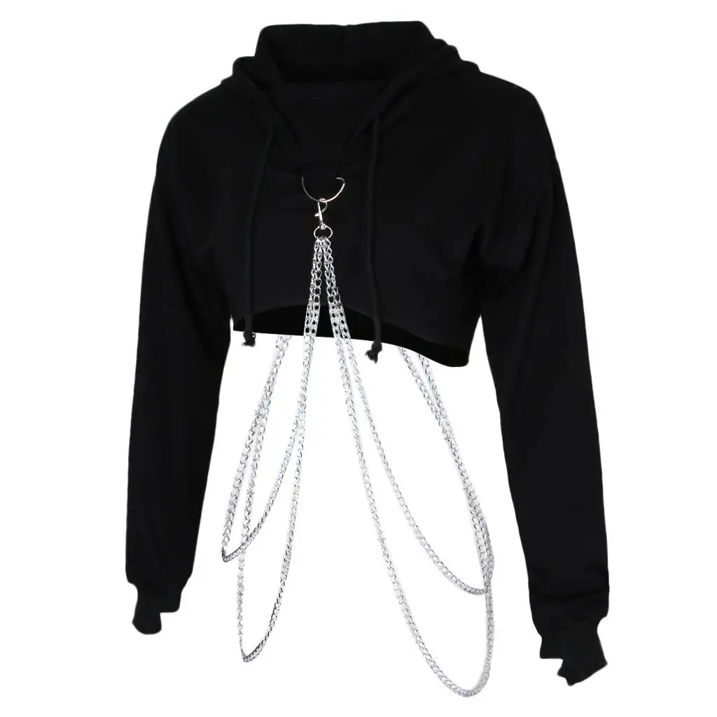 Women Fashion Long Sleeve Pullover Hoodie Crop Top Metal Chain Sweatshirt