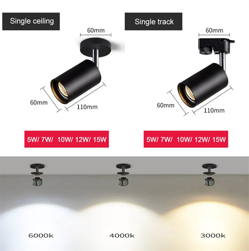 Dimmable surface mounted 360° rotatable LED Track light 5W 7W 9W 12W 15W GU10 bulb replaceable spot light