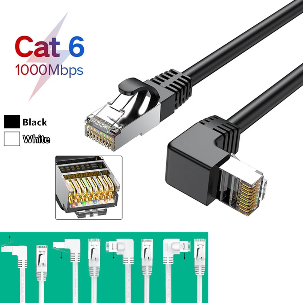 CAT6 Round Ethernet Cat 6 Lan Cable RJ 45 Network Patch Cord Right Angle 90 Degree for Laptop Router RJ45 Internet Cable White