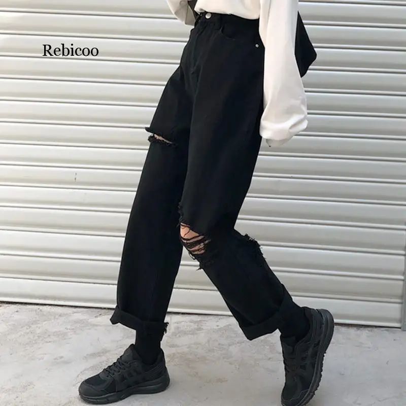 Vintage loose jeans black straight wide leg jeans high waist ripped jeans for women knee ripped pants mom jeans boyfriends