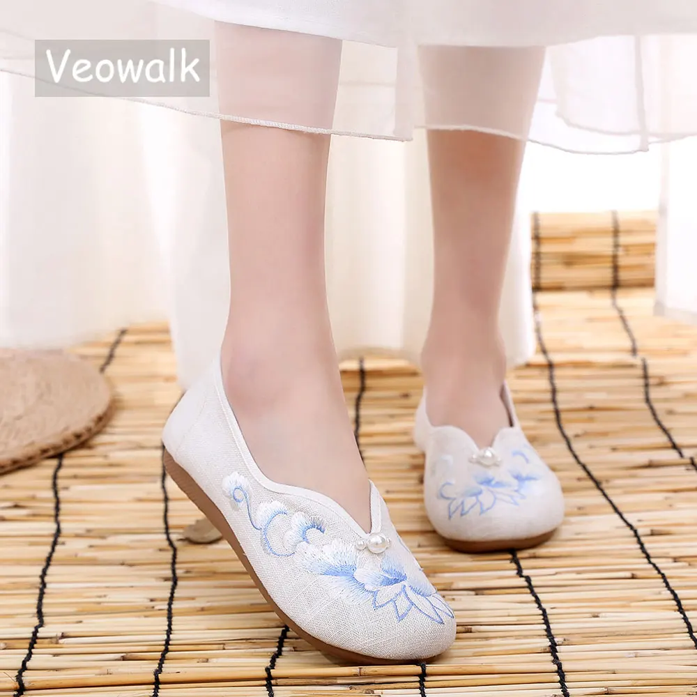 Veowalk  Women Comfortable Cotton Fabric Slip On Ballet Flats Chinese Embroidery Ladies Casual Ballerinas Shoes  Pink Mint White