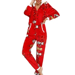 Women Santa Claus Hood Printed Pajamas Home Wear Women Christmas Pattern Long Sleeve Hooded Jumpsuit Flannel Sleepwear Winter