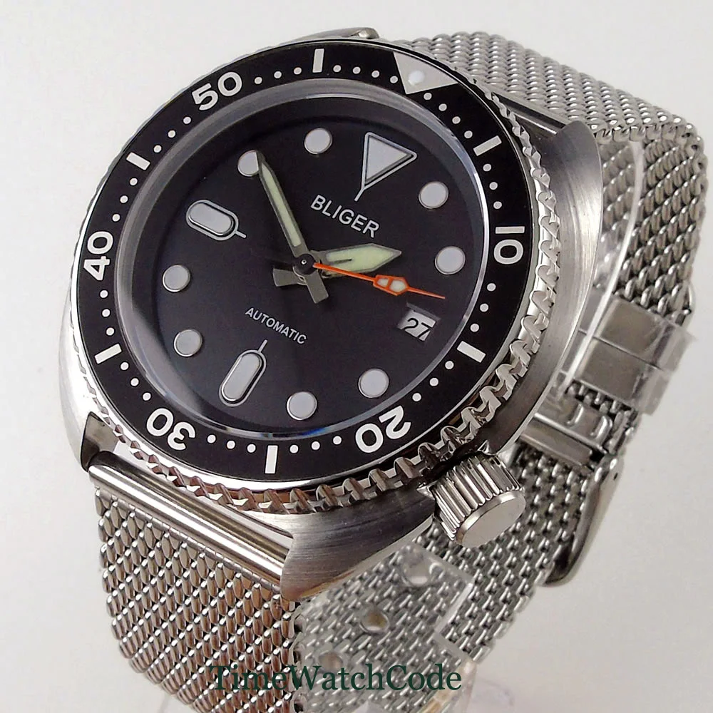 45mm ese NH35A Men's Watch Sapphire Crystal Date Green C3 Lume Hands Automatic Movement Black Dial Mesh Band Aluminum Bezel