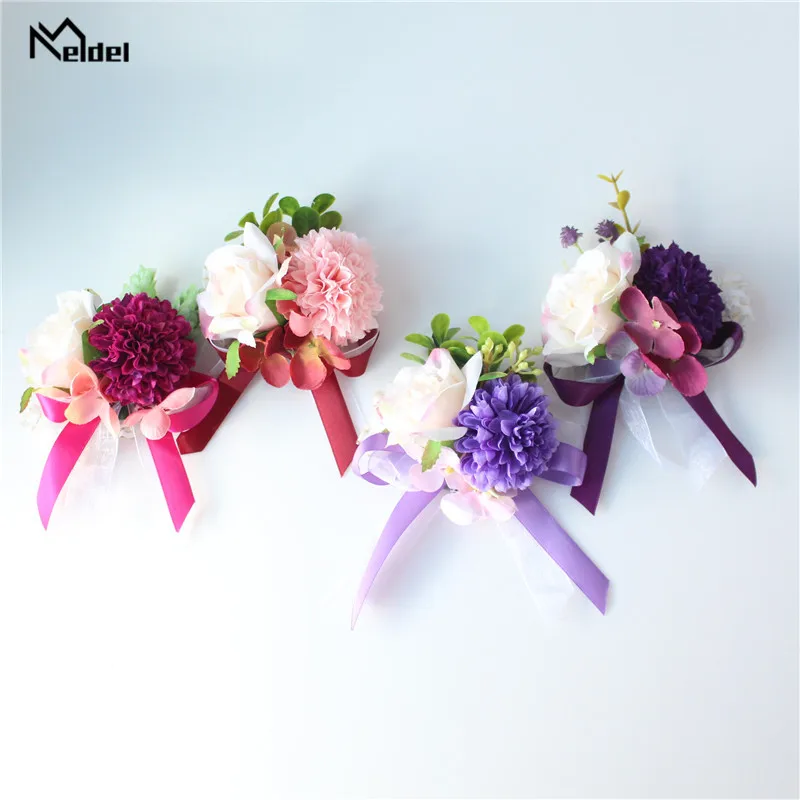 Meldel Trắng Tím Cưới Vòng Tay Cho Phù Dâu Cưới Xòe Chân Hoa Hoa Hồng Lụa Chú Rể Boutonniere Corsages Cưới