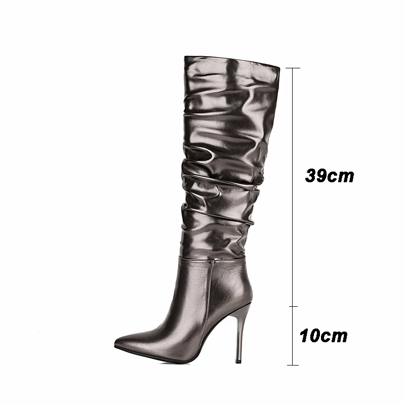 Kcenid-Botas plisadas hasta la rodilla para mujer, zapatos de tacón alto y fino con punta estrecha, color dorado y plateado, para fiesta, Otoño e