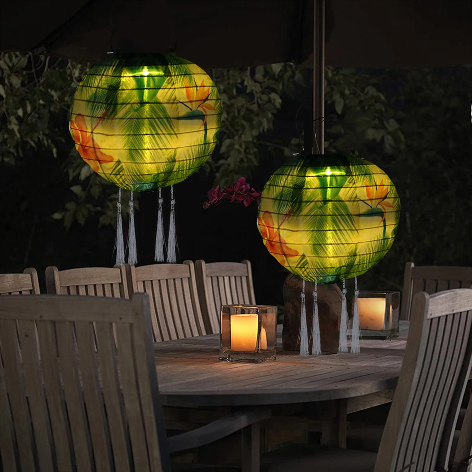 2pcs Nylon LED Solar Home Outdoor Garden Party Holiday Wedding Decoration with Solar Hanging Chinese Ball Leaf Pattern Lantern