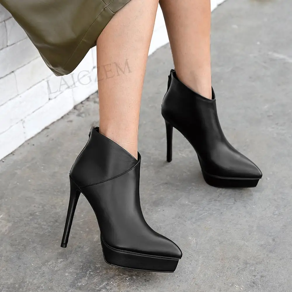 LAIGZEM Women Ankle Platform Boots Genuine LEATHER Side Zip Slim High Heels Booties Ladies Dress Shoes Woman Big Size 38 39 40