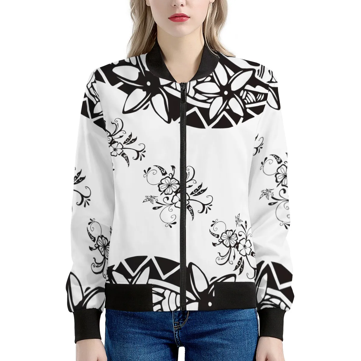 

White Women Short Jacket Coat Polynesian Tribe Printing Jacket Spring And Autumn Round Neck Zipper Ladies Casual Sweatshirts