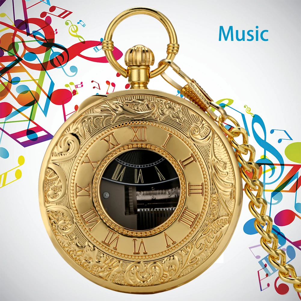 Musical Pocket Watch Roman Numerals Display Quartz Pendant Melody Castle in The Sky Music Pocket Clock Creative Timepiece Gifts