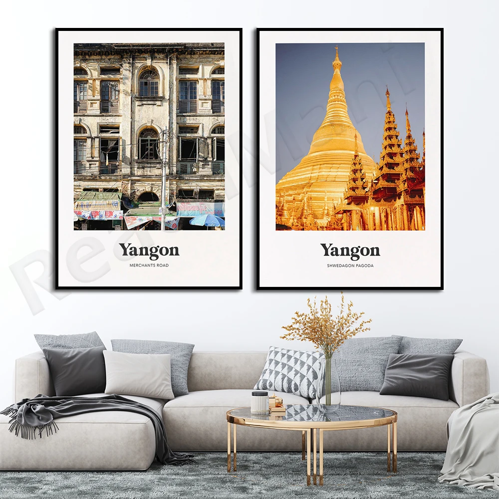 Myanmar travel poster, Yangon Shwedagon Pagoda prints, Merchants Road, travel prints, Myanmar art, travel prints, Asia