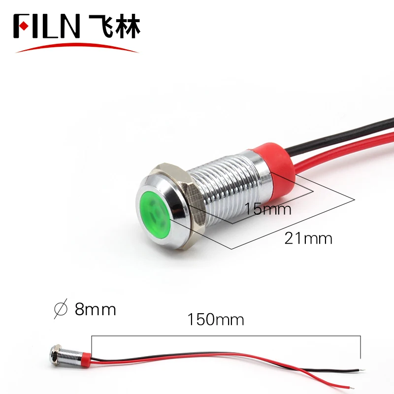 6mm/8mm/10mm Flat Head Indicator Lights with Metal Silver Shell Metal Signal Indicator Light Lamp With Cable 15cm