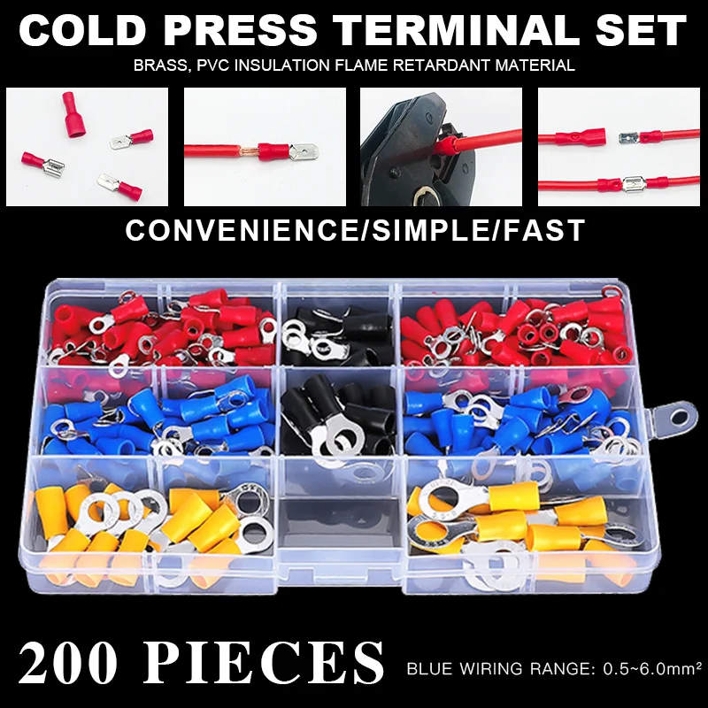 200PCS RV Ring Terminal Electrical Crimp Connector Kit Set With Box,Copper Wire Insulated Cord Pin End Butt