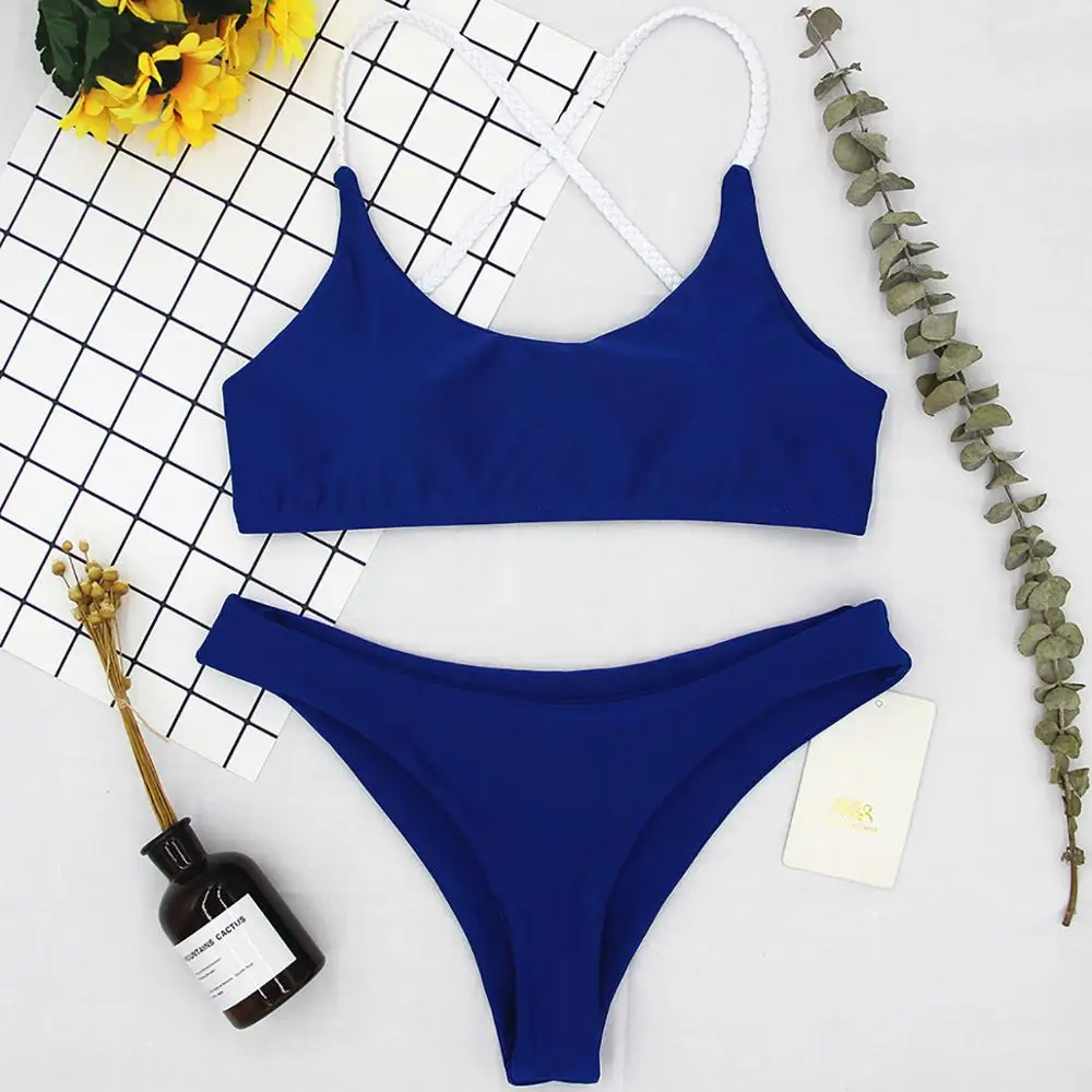 Bikini liso azul para mujer, traje de baño pequeño con relleno de realce, sin aros, con almohadilla para el pecho, 2024