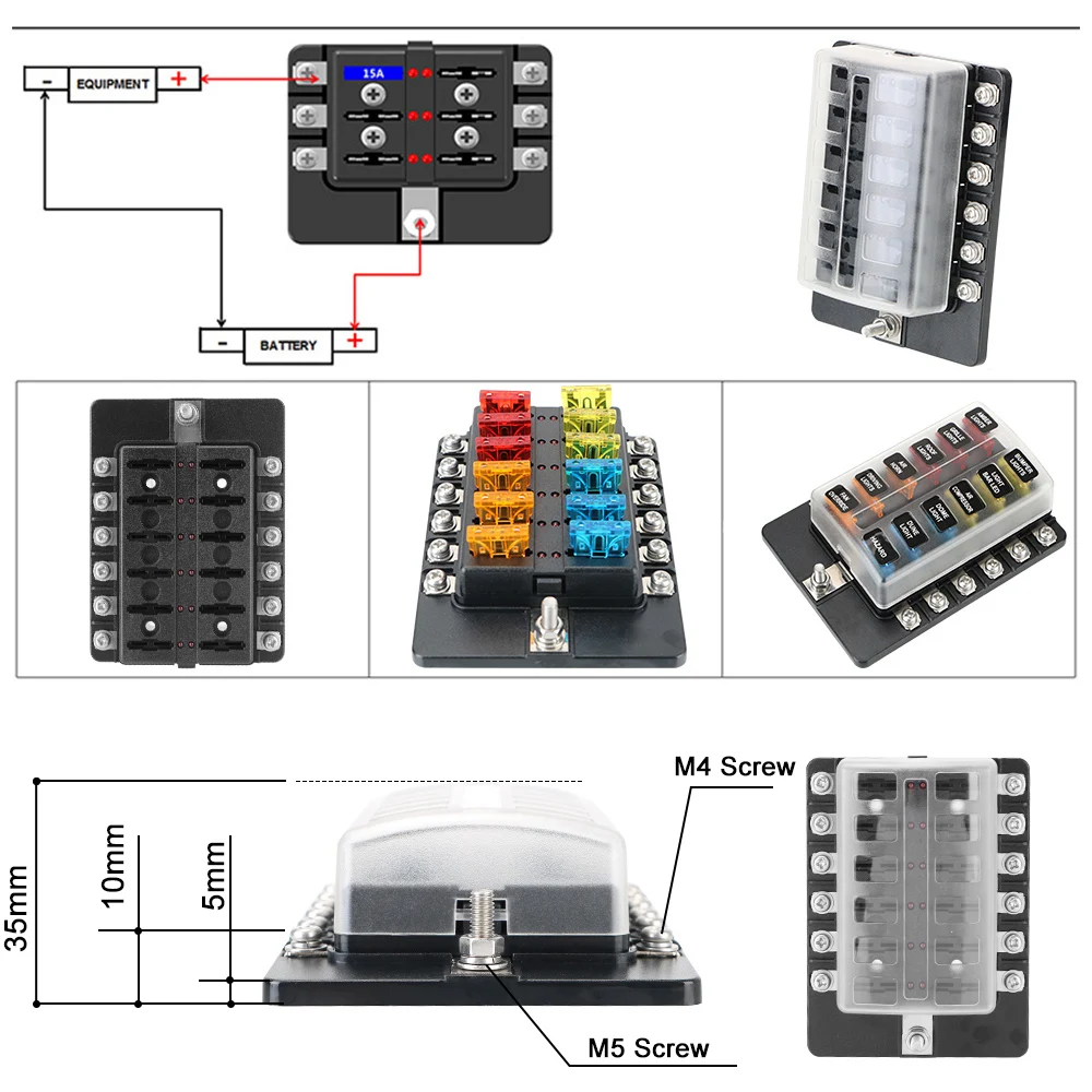 For Auto Car Boat Marine 32V 100A M5 Stud With LED Indicator Light Plastic Cover 6 Ways 12 Ways Blade Fuse Block Fuse Box Holder