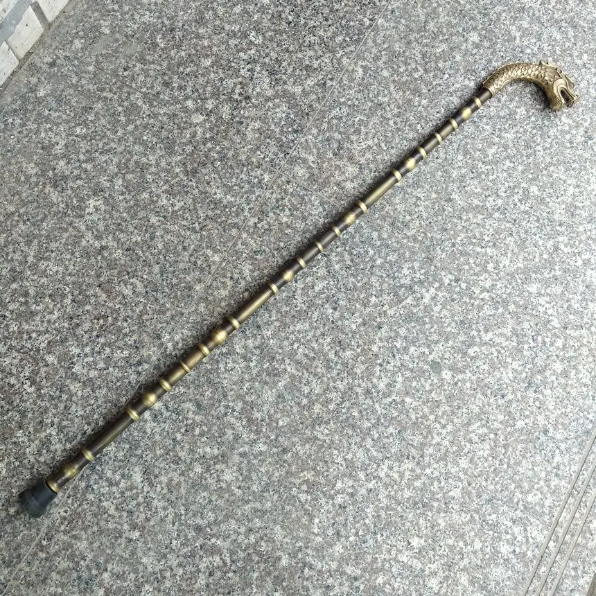 

Vintage Copper Cane Rehabilitation Exercise Crutch Walking Stick Sports Support Bamboo joint Body Dragon Head Handle