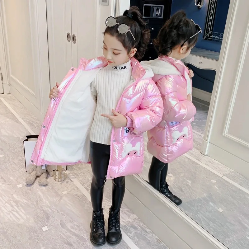 Chaqueta de plumón larga con capucha para niñas, abrigos bonitos de oso, Parkas brillantes, prendas de vestir exteriores impermeables, moda de invierno, 3, 4, 6, 8 y 10 años